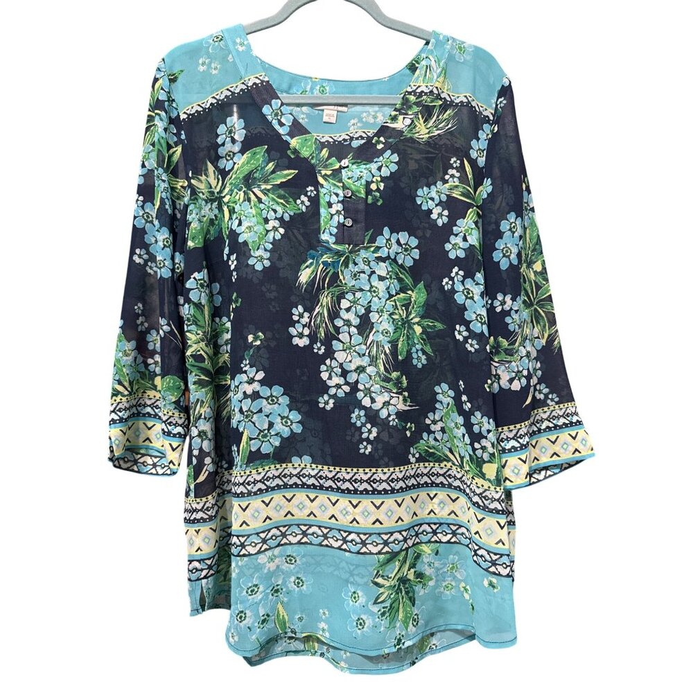 J. Jill Size XL Floral Tunic Top Navy/Blue 3/4 Sleeve Button-Front  Lightweight